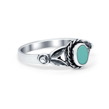 Art Deco Vintage Oval Simulated Turquoise Ring Oxidized 925 Sterling Silver